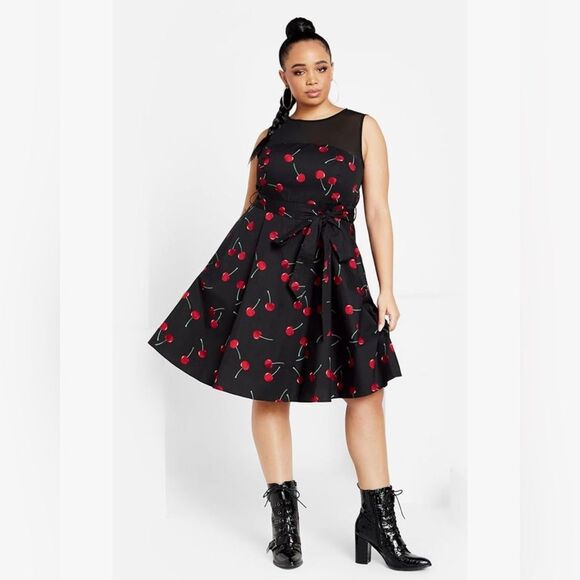 City Chic Molly Cherry Print Fit and Flare Sleeveless Dress Black Red 22 XL NWT - Picture 6 of 15